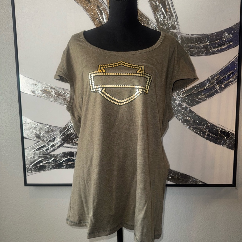 Harley-Davidson Olive Green Short Sleeve Tee with Gold Stud Logo